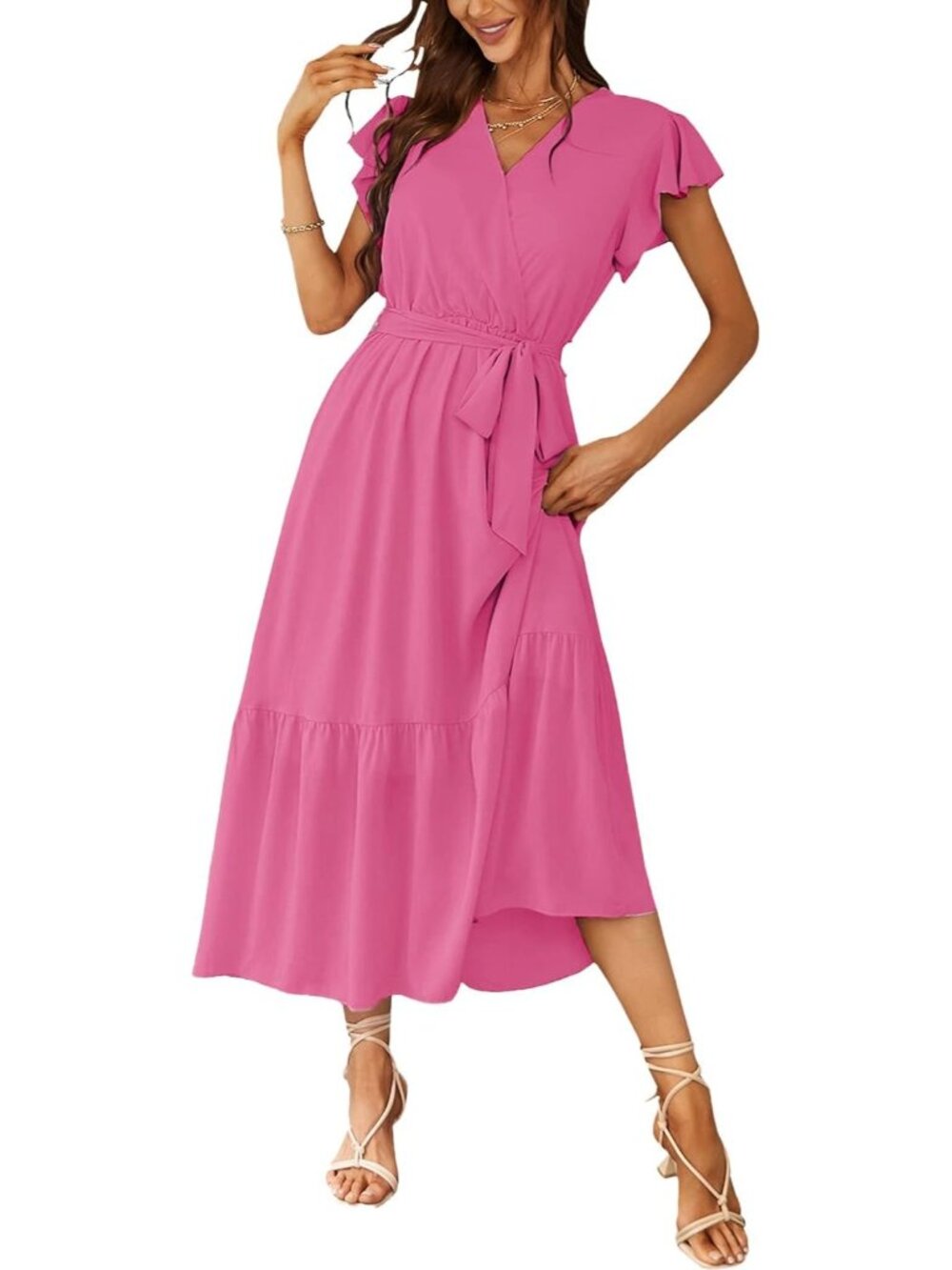 Women's Rose Red Summer Short Sleeve Wrap V Neck Floral Boho Guest Maxi Dresses